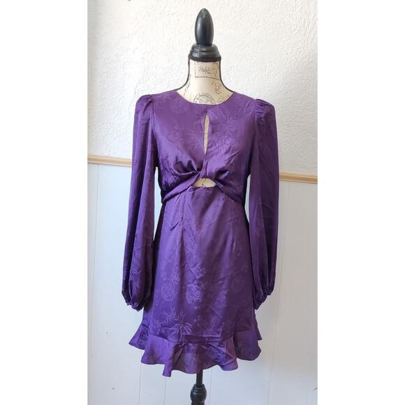 Astr The Label Cocktail Mini Dress Long Puff Sleeve Ruffle Sz M Purple Floral - Picture 1 of 12